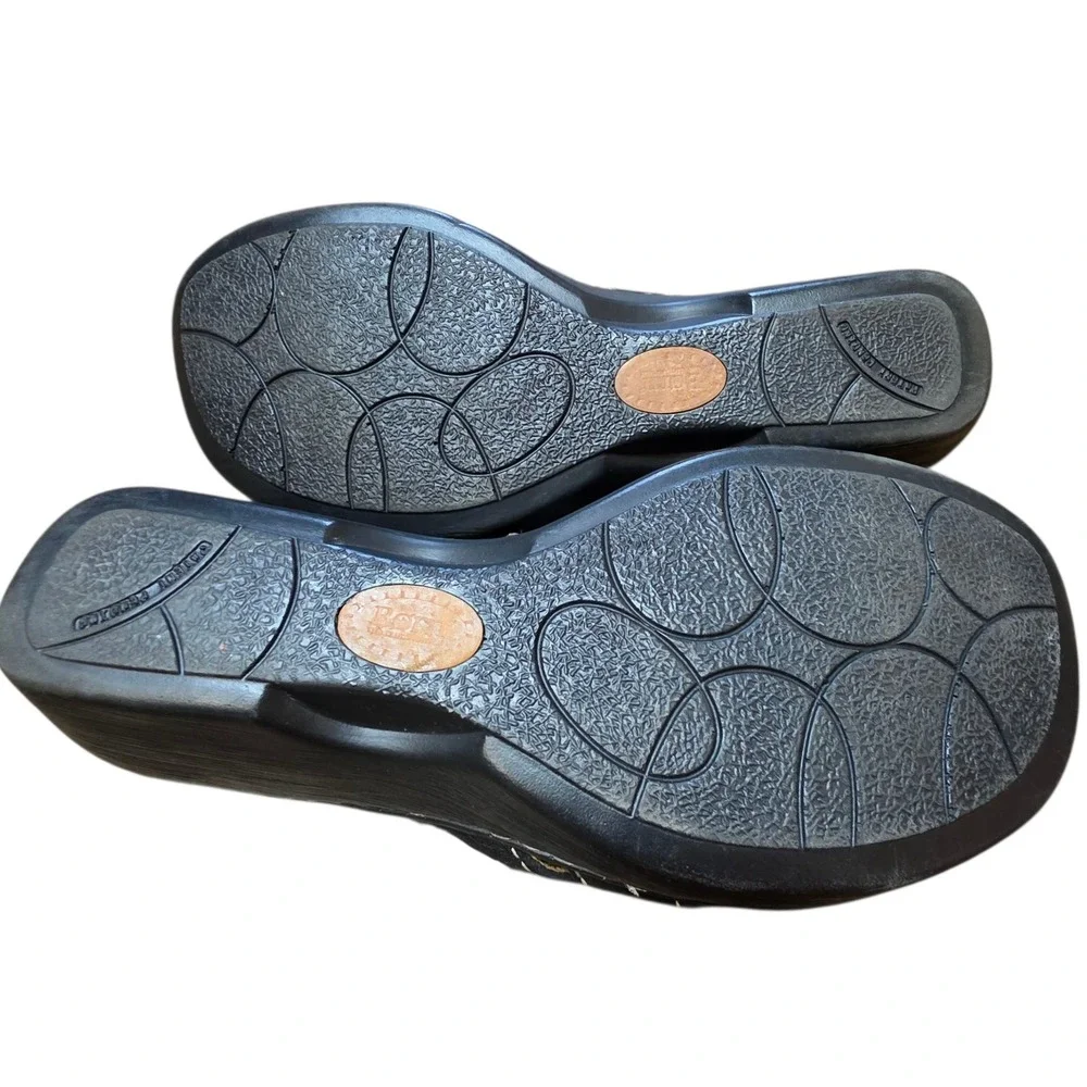 Born Black Leather Woven Wedge Sandals Slides Comfort‎ Shoes Women's Size 8 / 39